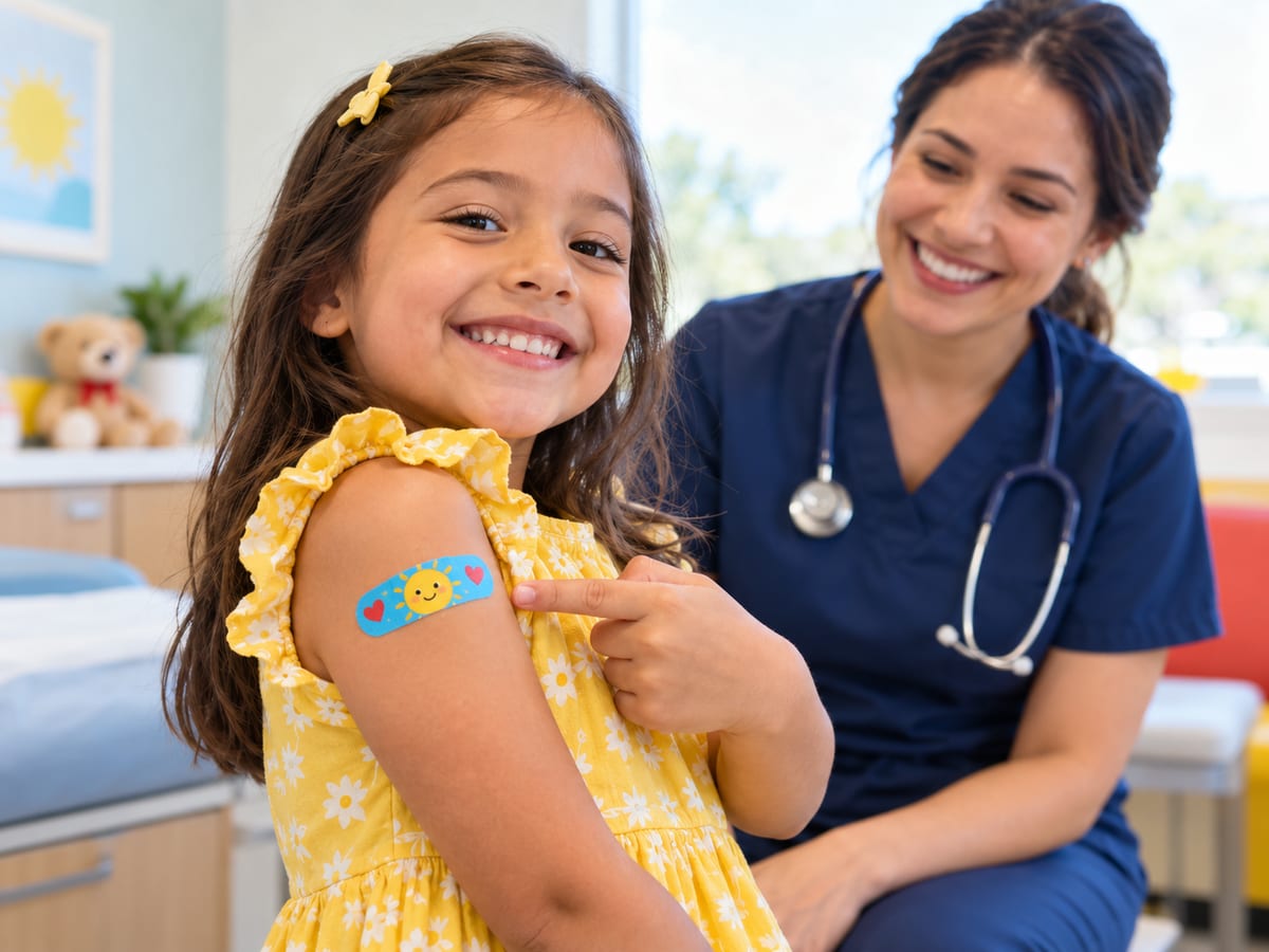 A smiling girl showing her bandage after a shot
