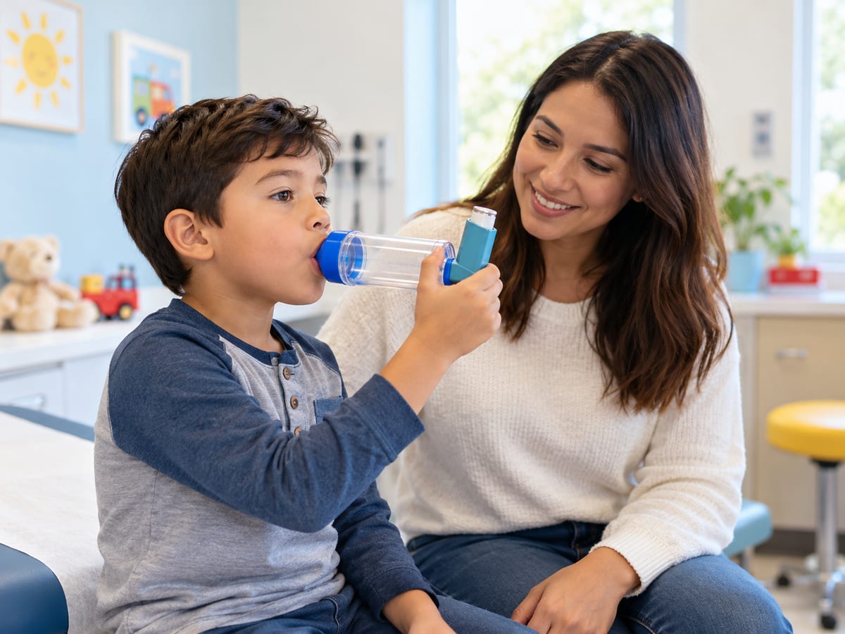 A child using an inhaler