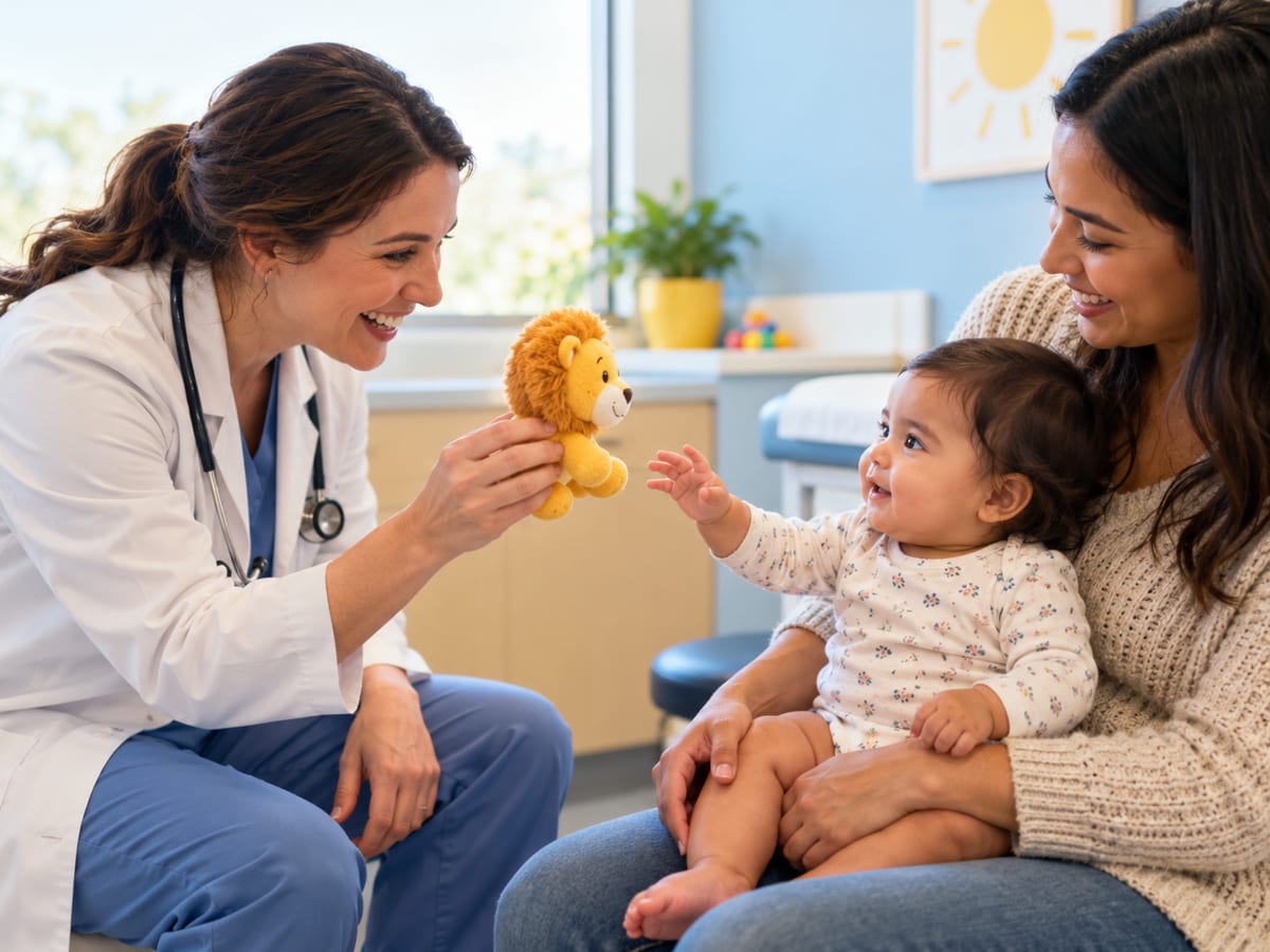 A doctor showing a toy to a baby