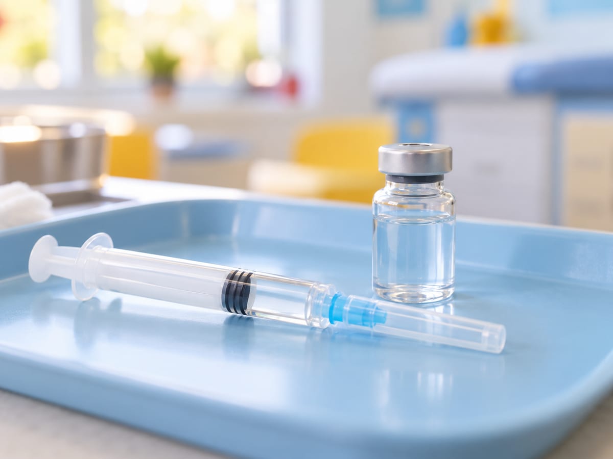 A syringe and a medicine bottle on a tray