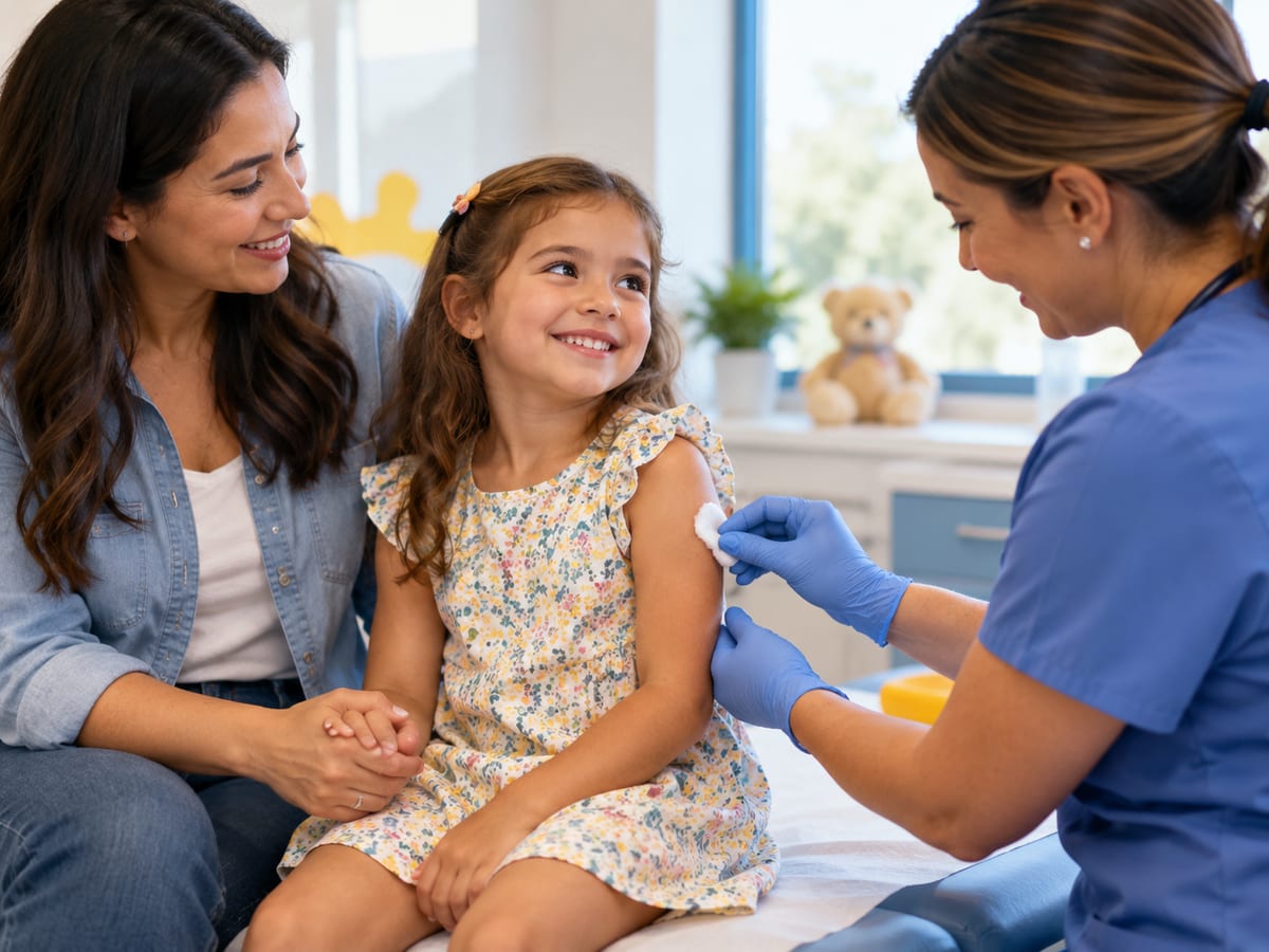 A nurse getting a girl ready for a vaccine